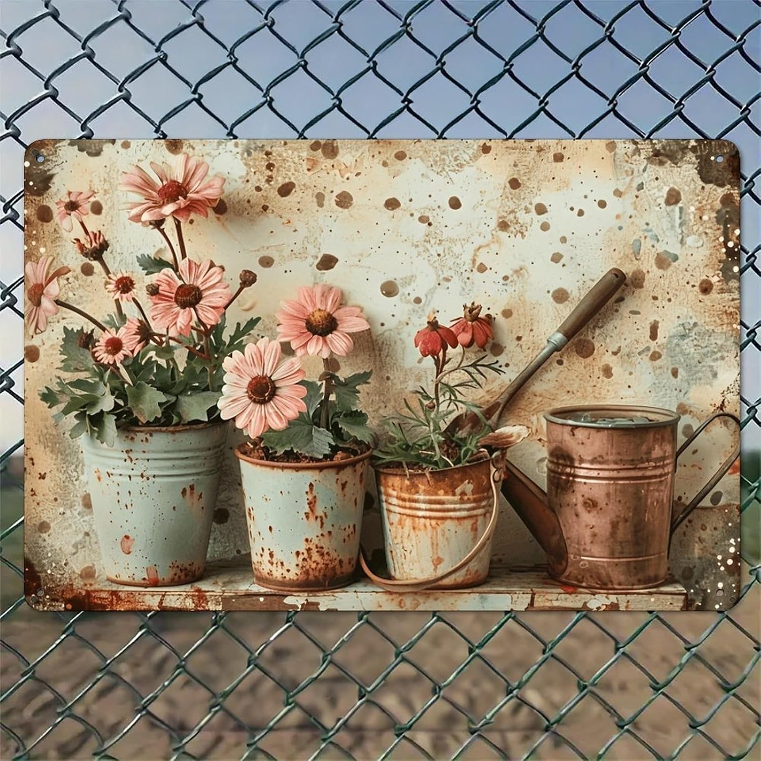Watering Can - Rusty Buckets Holding Pink Flowers And
